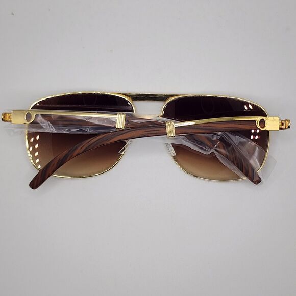 Sunglasses Gold Frame Aviator Plastic Wood Grain-Like Arms Retro Tinted Lens - Picture 3 of 6